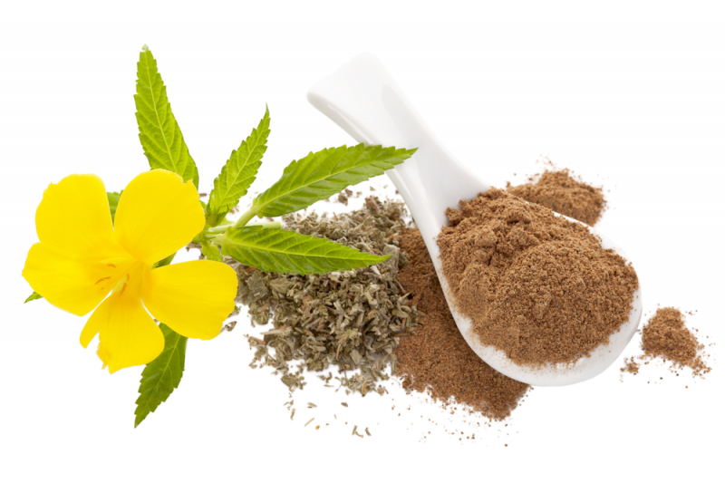 Damiana flower, leaf and powder